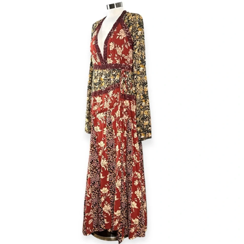 NWT FREE PEOPLE TILDA FLORAL PATCHWORK MAXI DRESS BOHO WRAP BELL SLEEVES SIZE L